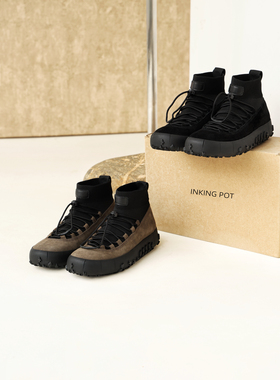 InkingPot彭姐 休闲真皮圆头弹力靴女冬季厚底系带户外登山靴百搭