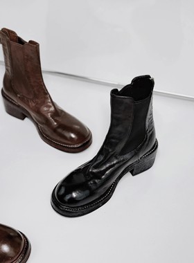 InkingPot彭姐 水洗马皮圆头后拉链瘦瘦靴粗跟切尔西固特异短靴