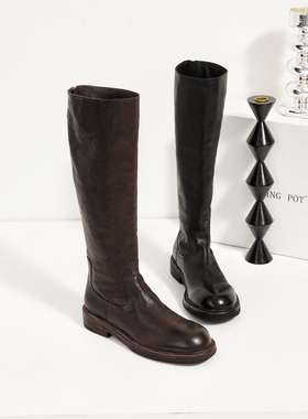 InkingPot彭姐 水洗缩纹牛皮后拉链简约骑士靴女圆头平底中筒长靴