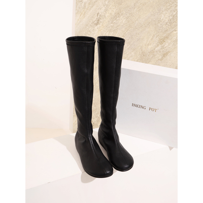 inkingPot彭姐 植鞣弹力羊皮高筒瘦瘦靴女冬圆头内增高长靴时装靴