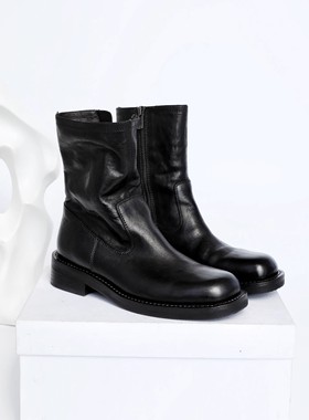 InkingPot彭姐ANN极简方头水洗缩纹马皮短靴马丁靴厚底烟筒骑士靴