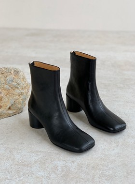InkingPot彭姐 复古方头瘦瘦短靴女后拉链英伦风粗高跟真皮裸靴子
