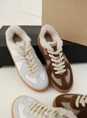 InkingPot彭姐 秋冬季厚底拼色羊皮毛一体德训鞋女真皮休闲运动鞋