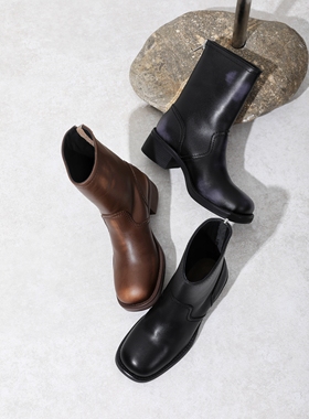InkingPot彭姐 后拉链直筒靴短靴女厚底复古擦色中筒靴2025年新款