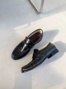 InkingPot彭姐 休闲真皮单鞋 春夏新品 鳗鱼皮纹褶皱复古做旧乐福鞋