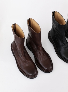 InkingPot彭姐水洗植鞣牛皮圆头短靴平跟马丁靴瘦瘦靴骑士靴