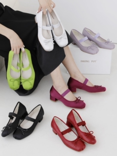 InkingPot彭姐 气质中跟芭蕾鞋 软糯羊皮圆头蝴蝶结玛丽珍单鞋 法式