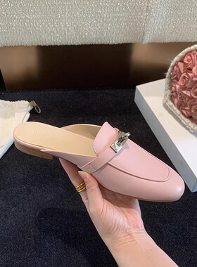 InkingPot彭姐 春季新款GD版锁扣真皮包头舒服穆勒拖鞋女平跟圆头