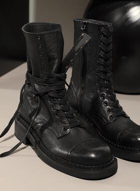 InkingPot彭姐 走秀款复古英伦风马丁靴女方头系带短靴真皮骑士靴