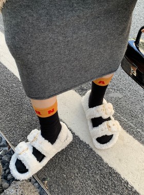 InkingPot彭姐 金属扣带真皮勃肯鞋皮毛一体暖休闲毛毛拖鞋女外穿