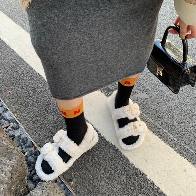 InkingPot彭姐 金属扣带真皮勃肯鞋皮毛一体暖休闲毛毛拖鞋女外穿