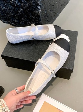 InkingPot彭姐 小香风闪片拼色一字带圆头真皮玛丽珍单鞋女早春新