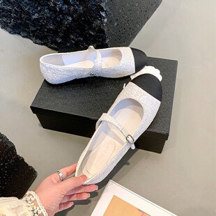 InkingPot彭姐 女早春新 小香风闪片拼色一字带圆头真皮玛丽珍单鞋