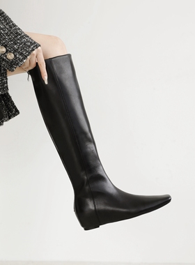 InkingPot彭姐 极简方头内增高长靴女真皮骑士靴修腿显瘦长筒靴子