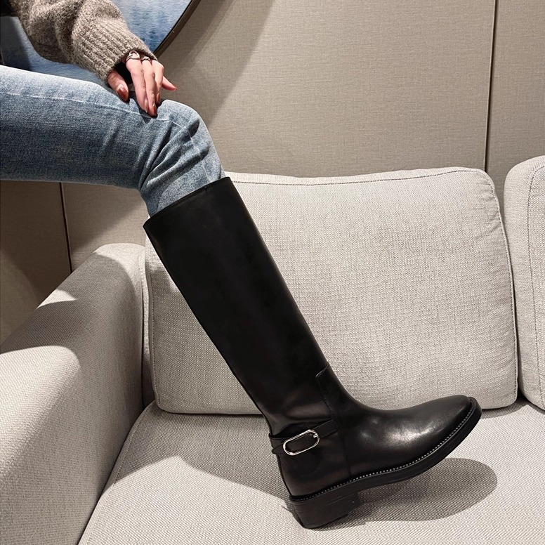 Inking Pot彭姐长筒靴轻奢秋冬新款高筒英伦风真皮直筒平跟骑士靴
