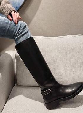 Inking Pot彭姐长筒靴轻奢秋冬新款高筒英伦风真皮直筒平跟骑士靴