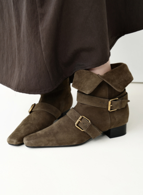 InkingPot彭姐 小众设计复古短靴方头麂皮西部靴中筒靴女靴秋新款