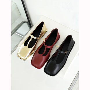 女真皮方头平底百搭单鞋 InkingPot彭姐 复古row风T字带玛丽珍鞋