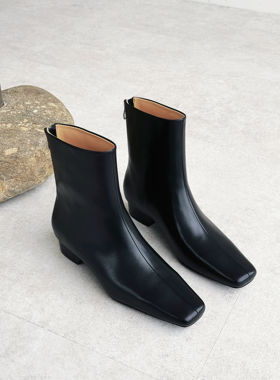 InkingPot彭姐 极简老钱风法式方头短靴真皮及踝靴加绒低跟瘦瘦靴