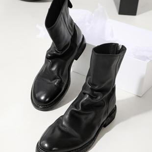 水洗马皮圆头复古皱皱靴后拉链软糯短靴女切尔西靴 InkingPot彭姐