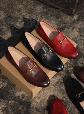 InkingPot彭姐 升级马衔扣复古平底马皮乐福鞋懒人鞋踩跟两穿单鞋