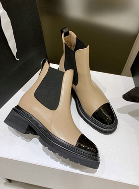 InkingPot彭姐小香风时尚小牛皮切尔西松紧带增高瘦瘦英伦风短靴