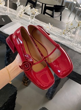 InkingPot彭姐 新款新年红复古一字带立体红色玫瑰玛丽珍单鞋