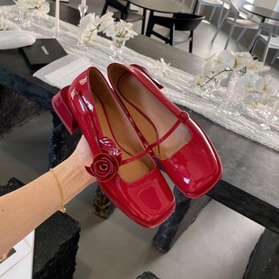 新年红复古一字带立体红色玫瑰玛丽珍单鞋 新款 InkingPot彭姐