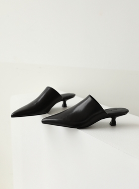 InkingPot彭姐 INS风尖头小猫跟显瘦穆勒拖鞋简约软牛皮包头拖鞋