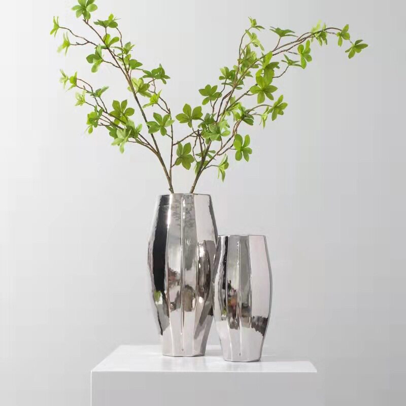 现代轻奢电镀银色陶瓷干花花瓶