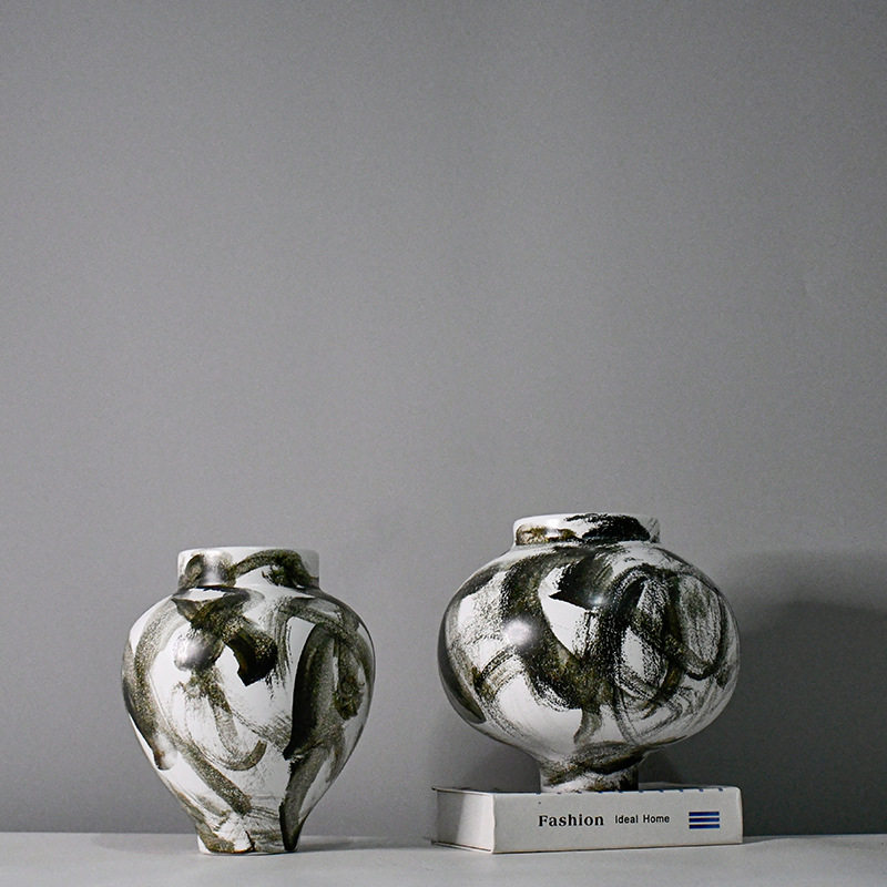 设计师款大口花器现代美式风格茶室民宿陶瓷摆件窗台桌面水培花插