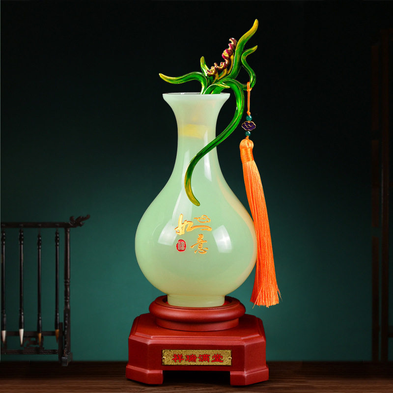 琉璃玉石兰花花瓶摆件酒柜装饰品