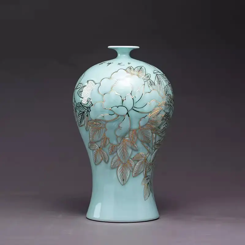 名家手绘影青釉描金大花瓶客厅