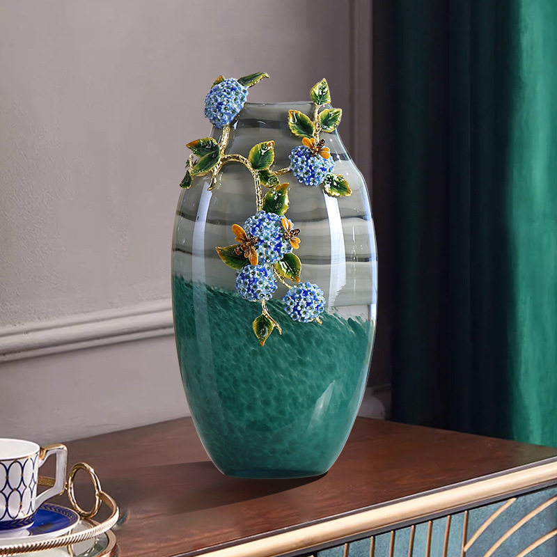 珐琅彩艺术品绣球花花瓶摆件玻璃