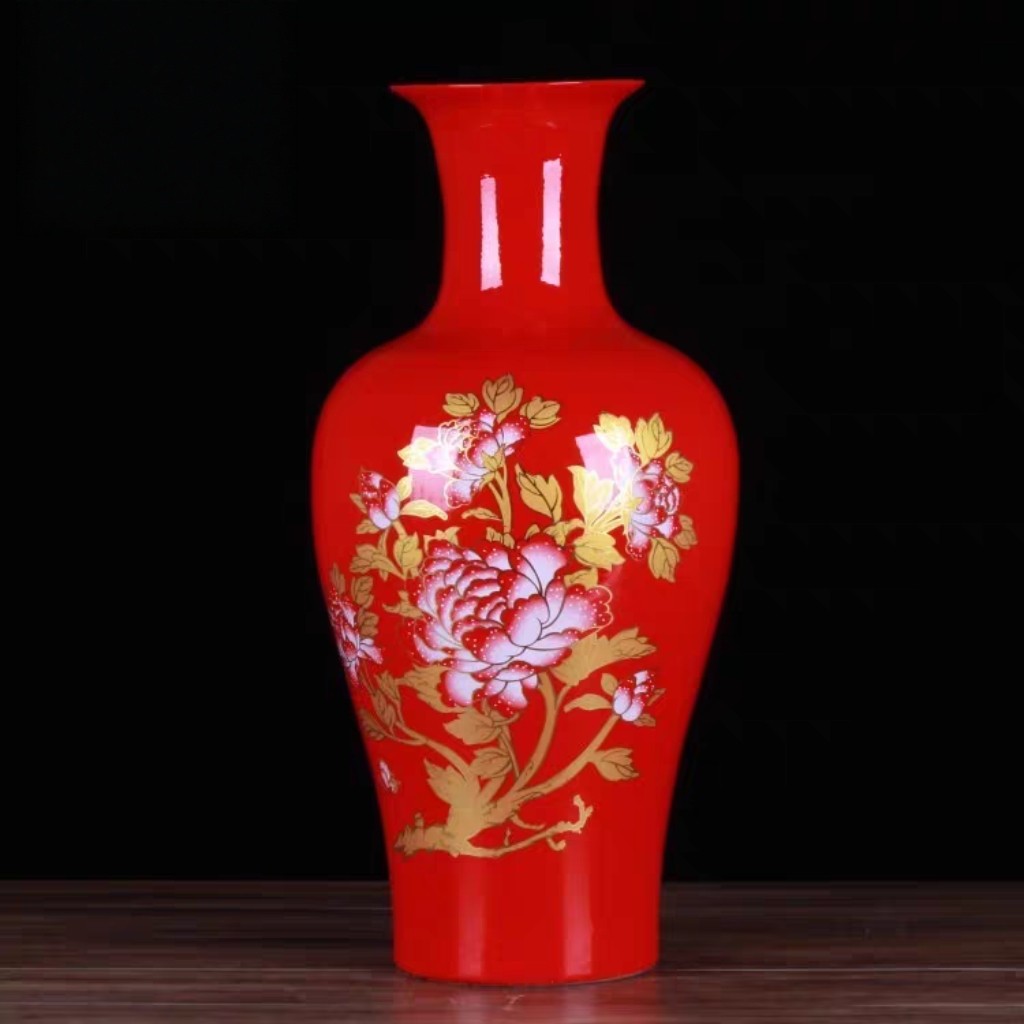 陶瓷花瓶中国红描金牡丹大号