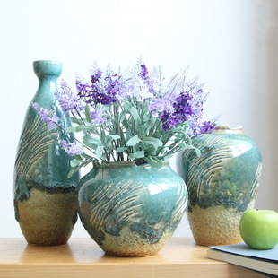 可以装水的雕刻窑变流釉花瓶三件套景德镇高温陶瓷家居装饰摆件