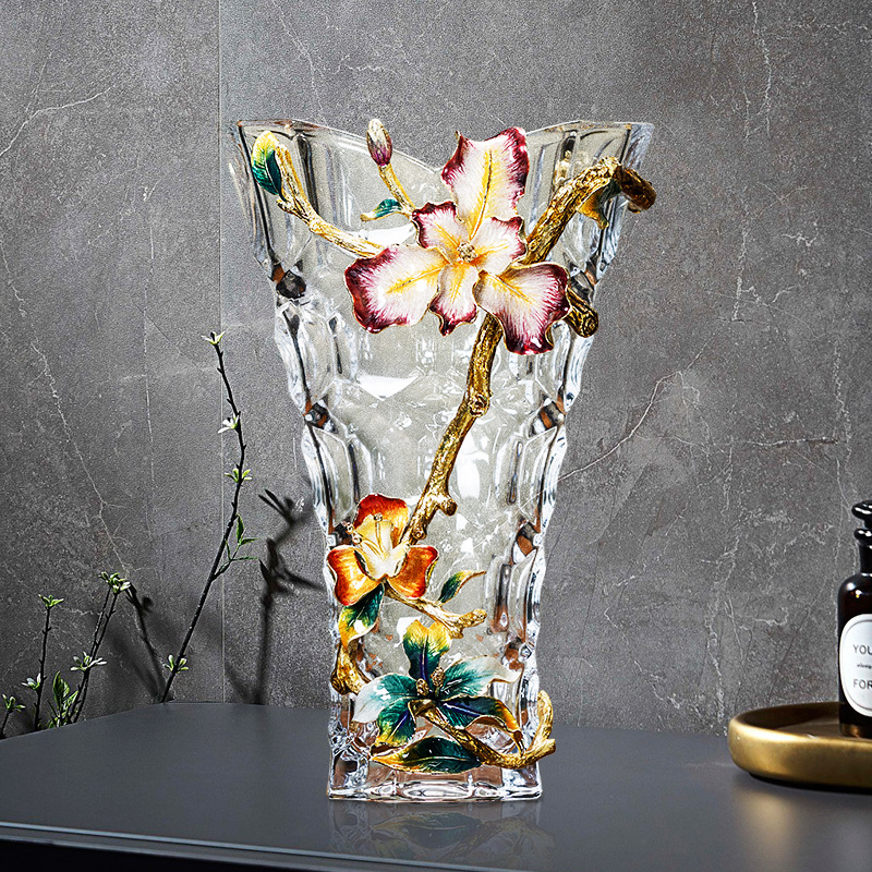 琺瑯彩玻璃花瓶擺件現代輕奢水晶