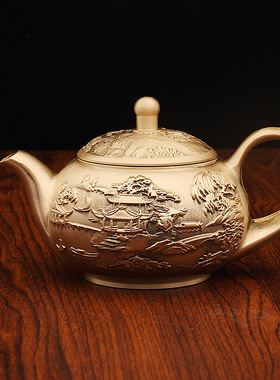 纯黄铜山水茶壶创意浮雕装饰摆件
