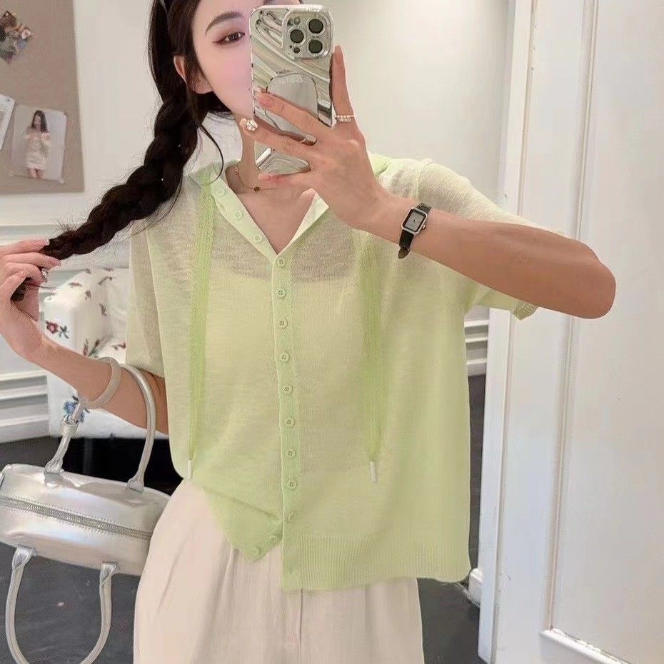 2025夏季新款宽松连帽针织单排扣女装短袖百搭薄款显瘦防晒上衣