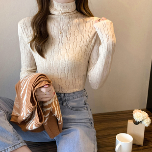 钩花镂空长袖针织衫女薄款透视羊毛打底衫秋冬高领毛衣内搭上衣