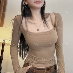 T恤打底衫 蓝达儿带胸垫2025秋冬新款 设计感显瘦复古假两件套长袖