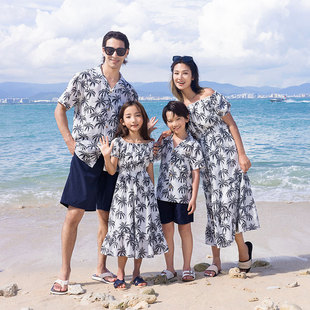 衬衫 海边度假亲子装 椰树沙滩裙一家三口男童短袖 连衣裙母女装 套装