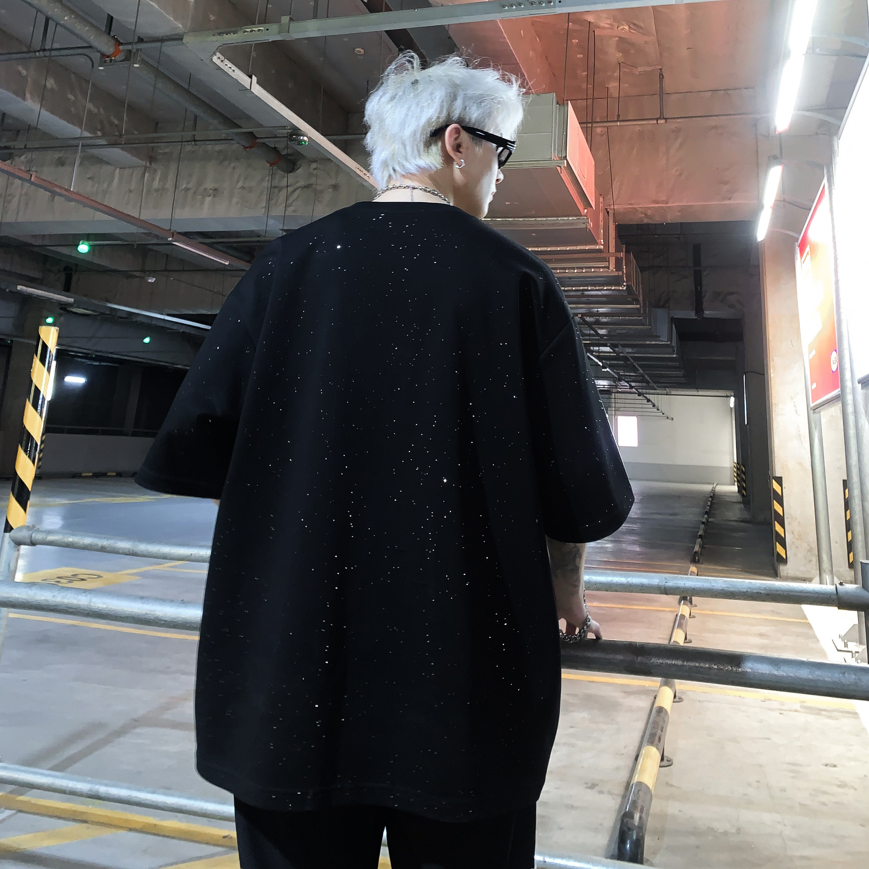 美式街潮重工满天星复古反光短袖T恤男女同款宽松休闲圆领特p28,男装T恤,电商C307