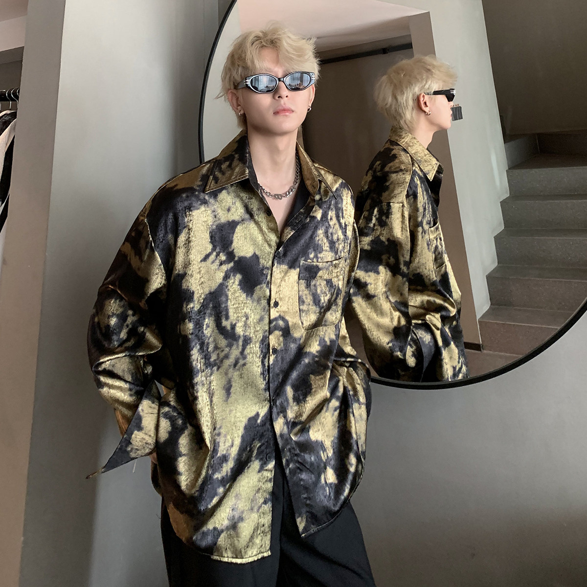 【现货]CS57-P58黑黄双重染色长袖衬衫春夏季新款宽松开衫情侣,男装衬衫,电商C307