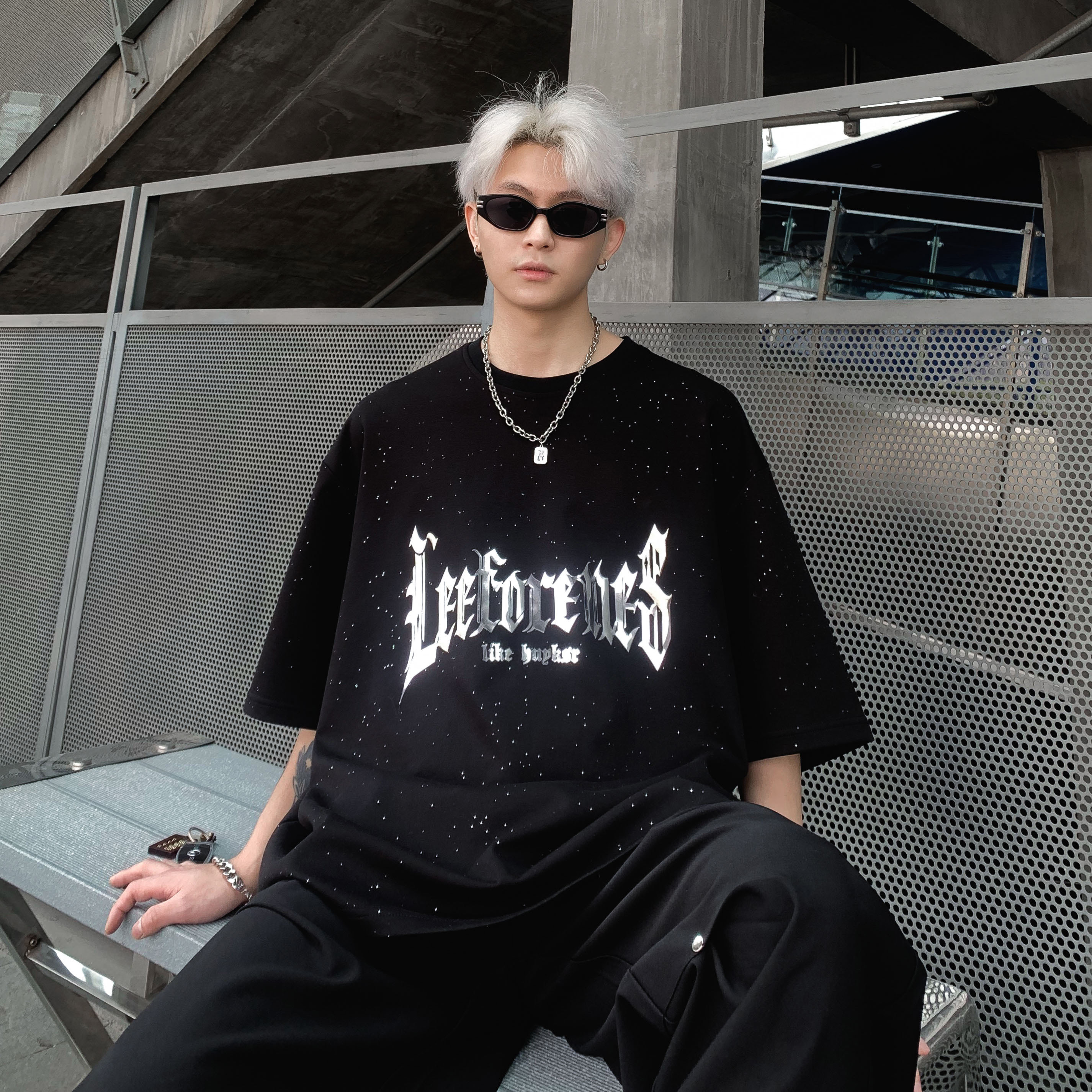 美式街潮重工满天星复古反光短袖T恤男女同款宽松休闲圆领特p28,男装T恤,电商C307