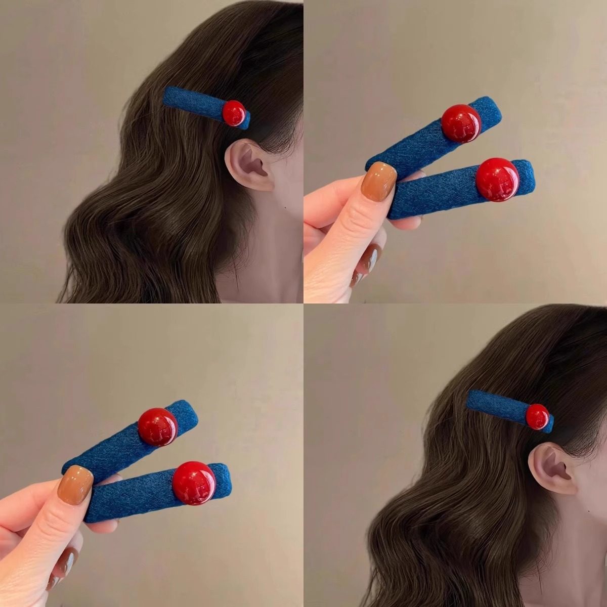 简约红珠子撞色发夹女蓝色小众