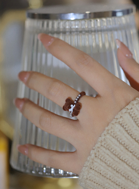 秋冬童趣植绒小熊珍珠戒指女款