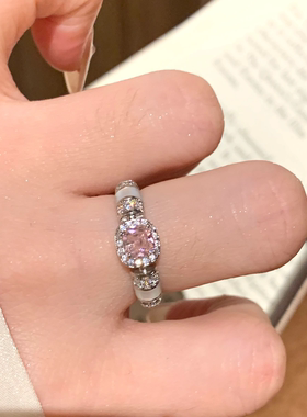 超闪粉色锆石方糖戒指女小众