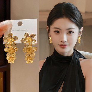 金色花朵流苏耳环女轻奢气质夸张高级感耳钉气质小众复古耳坠耳饰