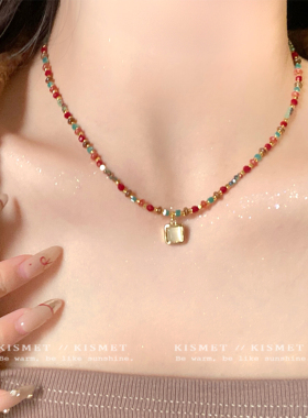 彩色水晶串珠猫眼石吊坠项链女小众复古高级感锁骨链民族风配饰品